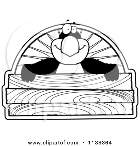 Clipart Of An Outlined Penguin Holding A Wooden Sign Black And White