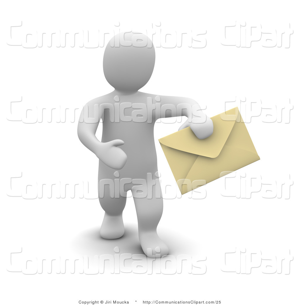 Communication Clipart Of A White 3d Man Holding Out An Envelope By