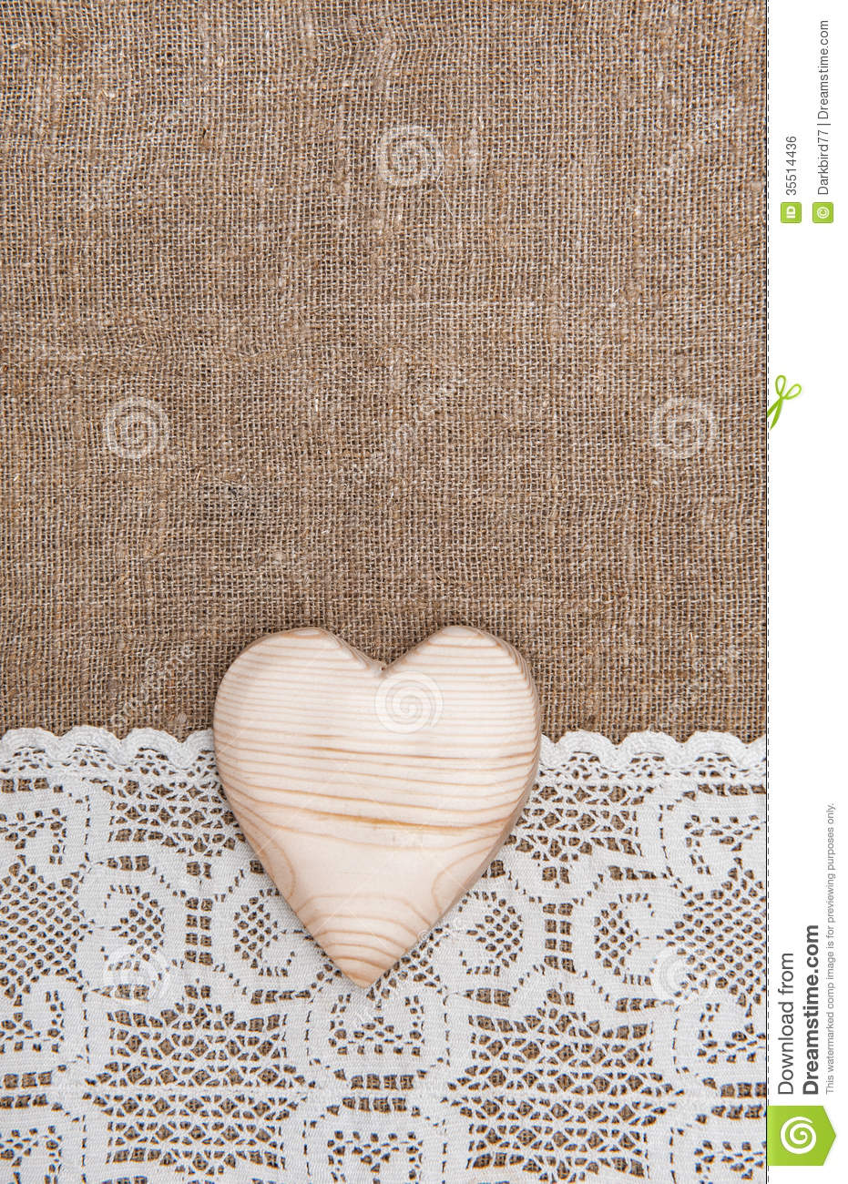 Burlap Background With Lacy Cloth And Wooden Heart Royalty Free Stock    