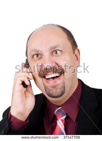 Businessman With Crazy Eyes Talking By Mobile Phone And Receiving    