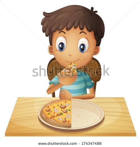 Illustration Of A Young Boy Eating Pizza On A White Background   Stock