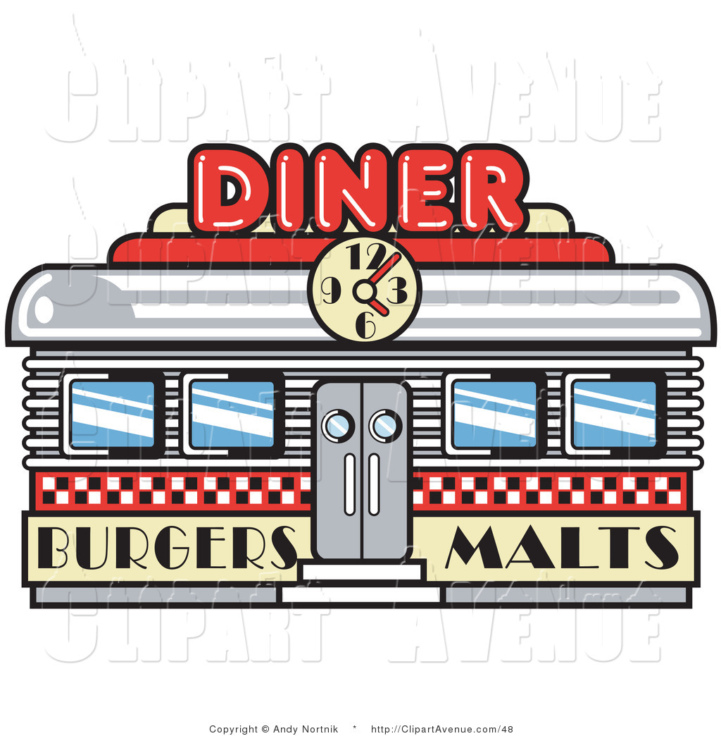 Clipart Of A Retro Diner Building With A Clock Out Front And Signs