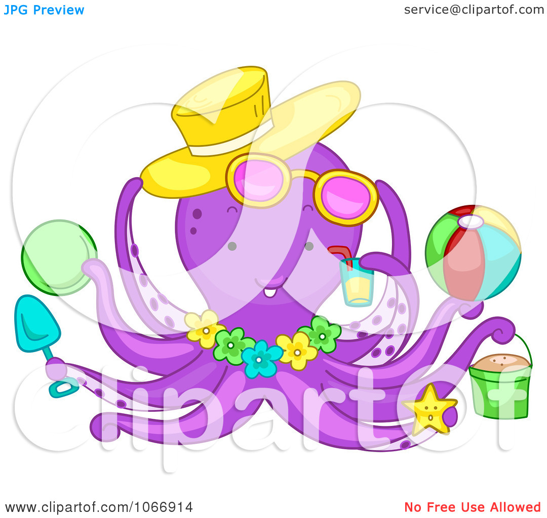 Clipart Summer Octopus With Beach Items   Royalty Free Vector    