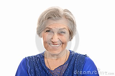 Happy Smiling Elder Woman In Elegant Dress On White Background
