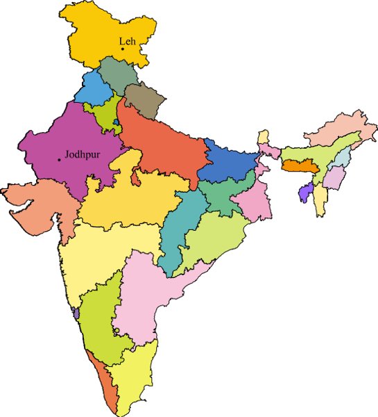Map Of India With The Location Of Jodhpur And Leh Is Provided Below