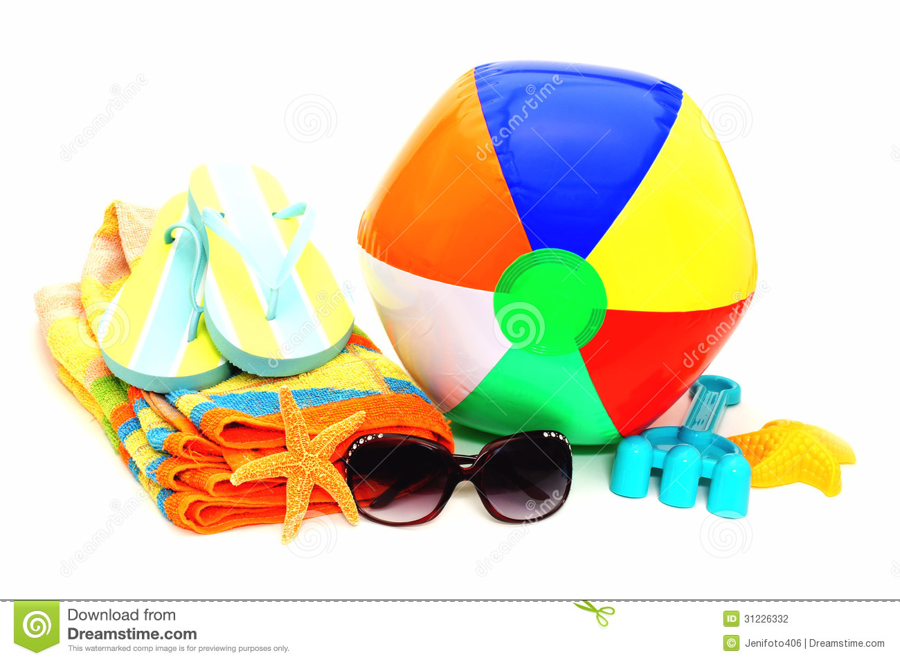 Of Beach Items   Towel Flip Flops Sunglasses Hat And Beach