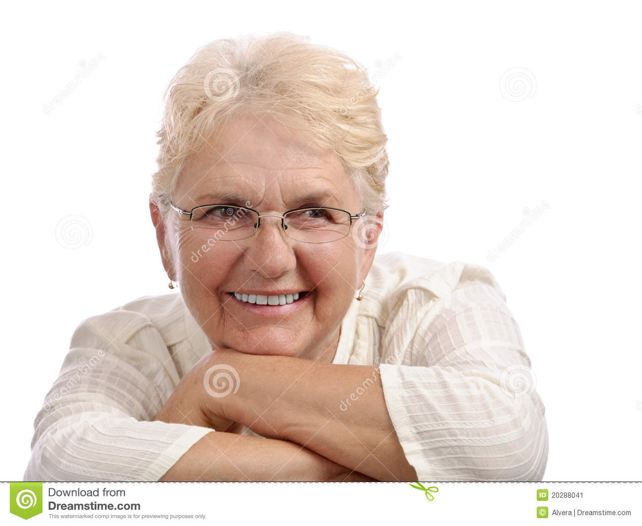 Smiling Elder Woman Looking Left With Head On Her Arms  Isolated
