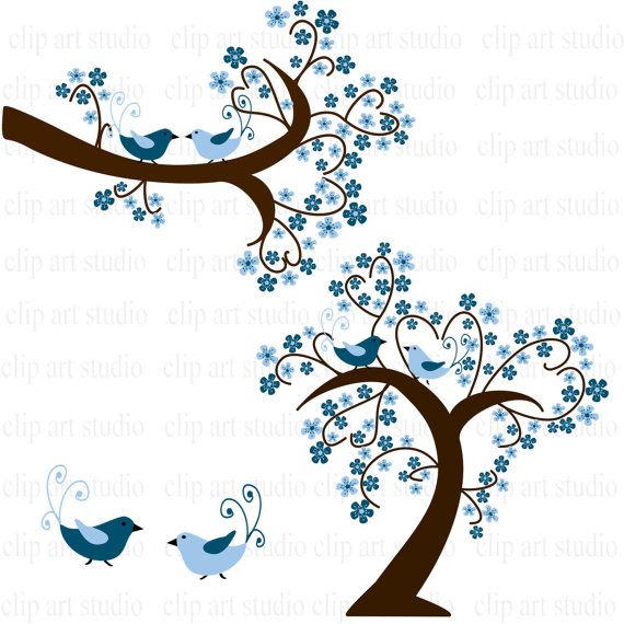 Wedding Tree And Branch With Hearts And Birds In Blue Clipart Clip