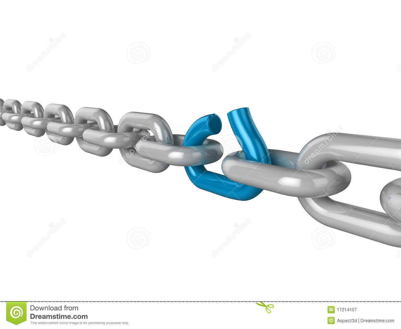 3d Illustration Of A Chain With One Weak Blue Link About To Break