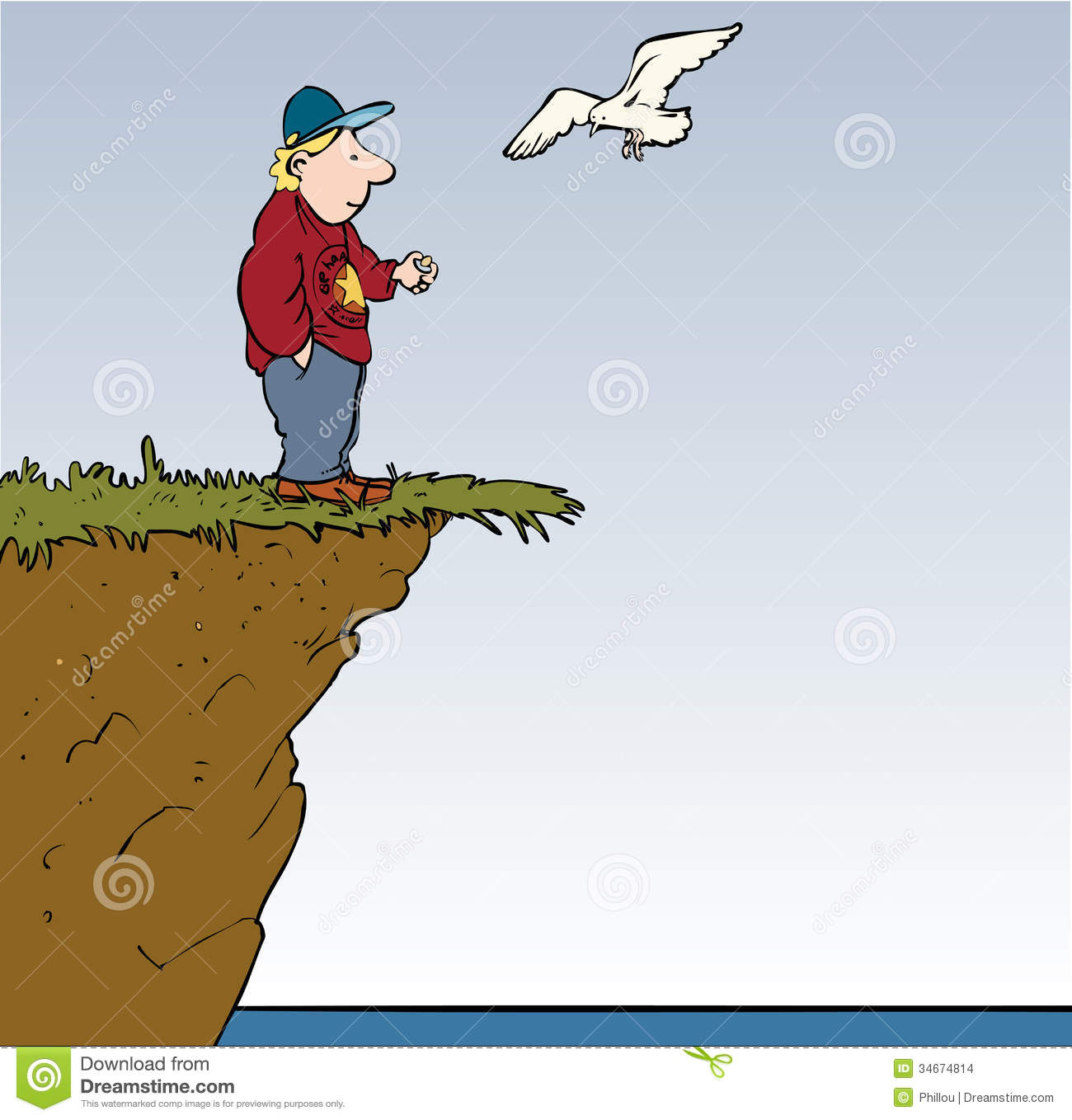 Man On Edge Of Cliff Feeding A Seagull