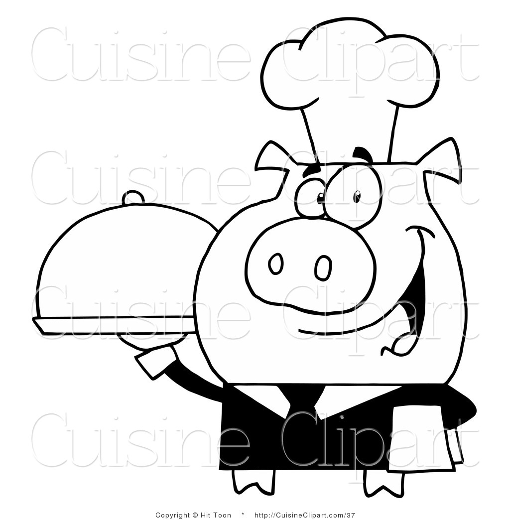 Cuisine Clipart Of A Outlined Waiter Pig Holding A Meal On A Serving