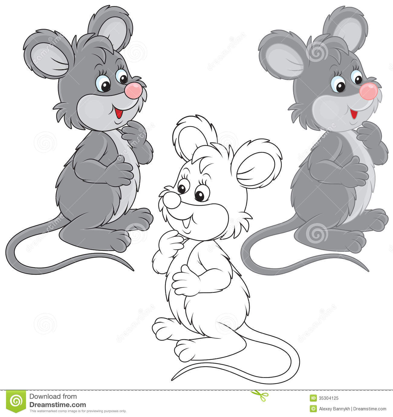 Funny Grey Mouse Color And Black And White Outline Illustrations