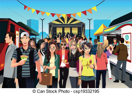 Vector   People In Street Food Festival   Stock Illustration Royalty