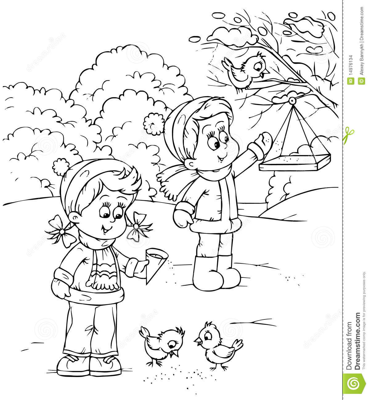 Black And White Illustration  Coloring Page   Boy And Girl Feed