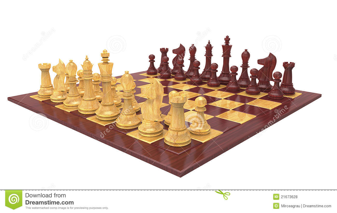Chess Board And Pieces With Wood Texture Isolated On White