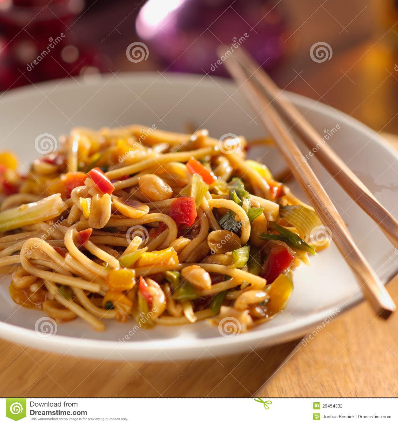 Spicy Thai Noodles With Chopsticks Shot Closeup With Selective Focus
