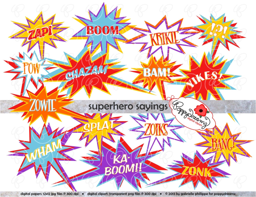 Superhero Sayings  Clip Art Pack 300 Dpi Digital By Poppydreamz