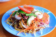 Yellow Noodles With Spicy Shrimp Salad Royalty Free Stock Photo