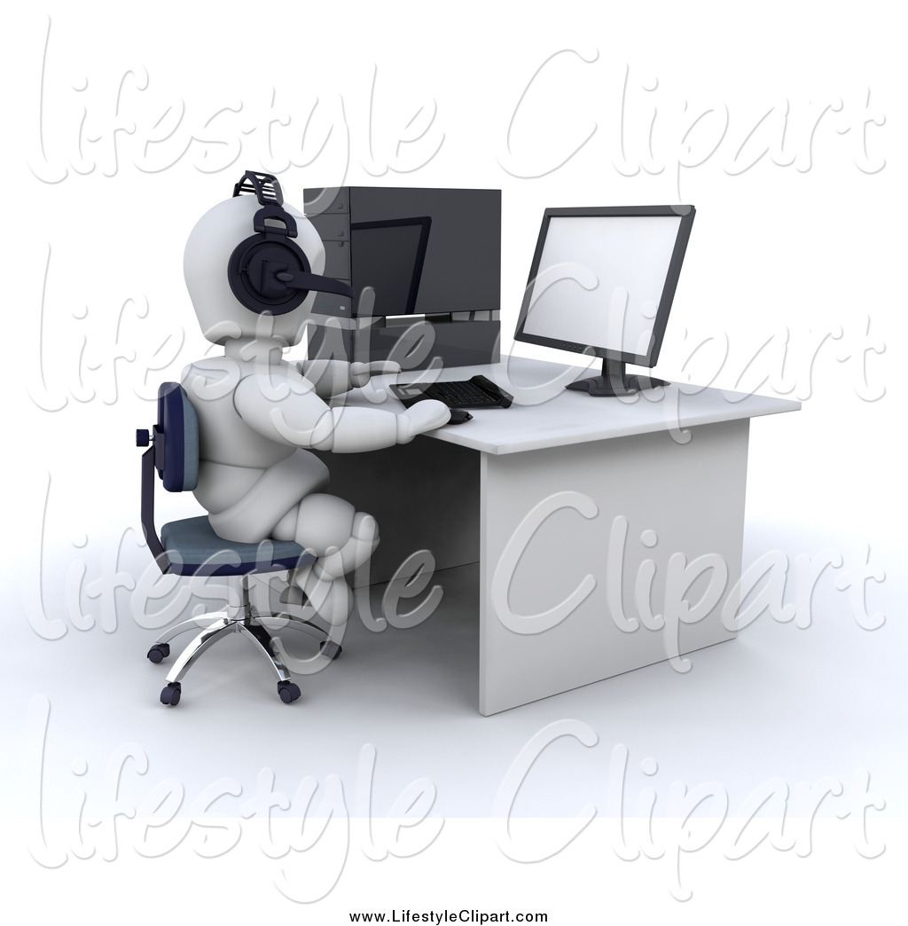 Clipart Of A 3d White Worker Using A Computer And Headset In A Call