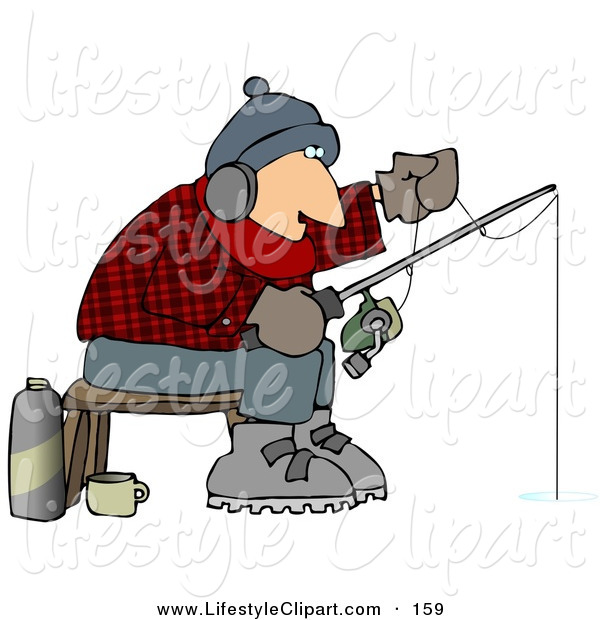 Lifestyle Clipart Of A Cold Caucasian Man Ice Fishing In The Winter By    