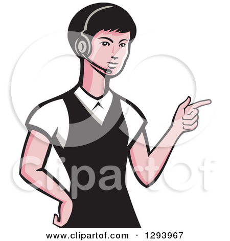 Retro White Female Call Center Worker Pointing And Wearing A Headset