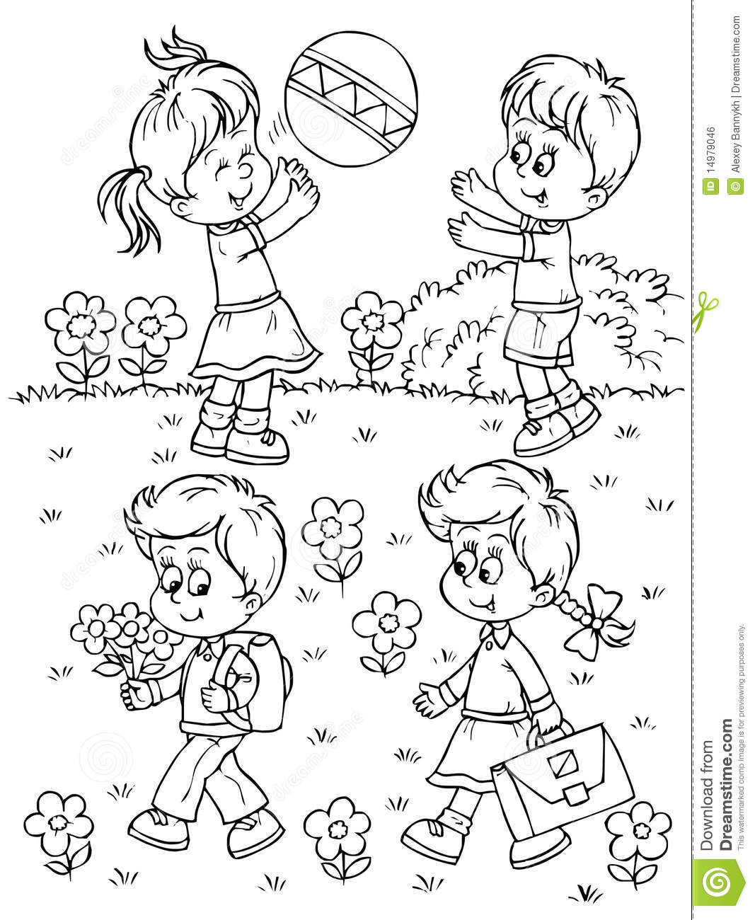Black And White Illustration  Coloring Page   Boys And Girls Play On A