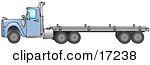Blue Big Rig Diesel Tractor Trailer Truck With A Flat Bed In Profile    