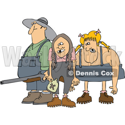 Cartoon Of A Redneck Hillbilly Man With A Shotgun And Women   Royalty