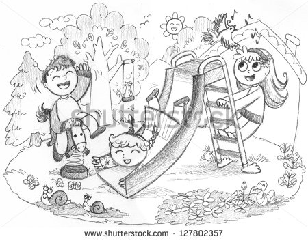 Kids Playing Outside Clipart Black And White Cartoon Playground Black    