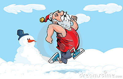 Cartoon Santa Running For Exercise In The Snow Royalty Free Stock