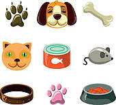 Cat And Dog With Toys And Food   Clipart Graphic