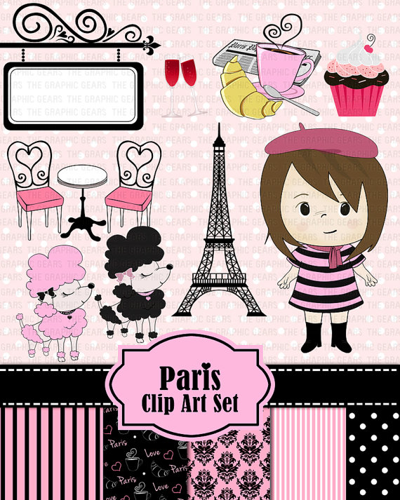 Paris Clip Art Paris French Clipart Set   French Girl Eiffel Tower