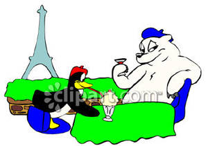 Penguin And A Polar Bear Having Wine And Dessert With The Eiffel