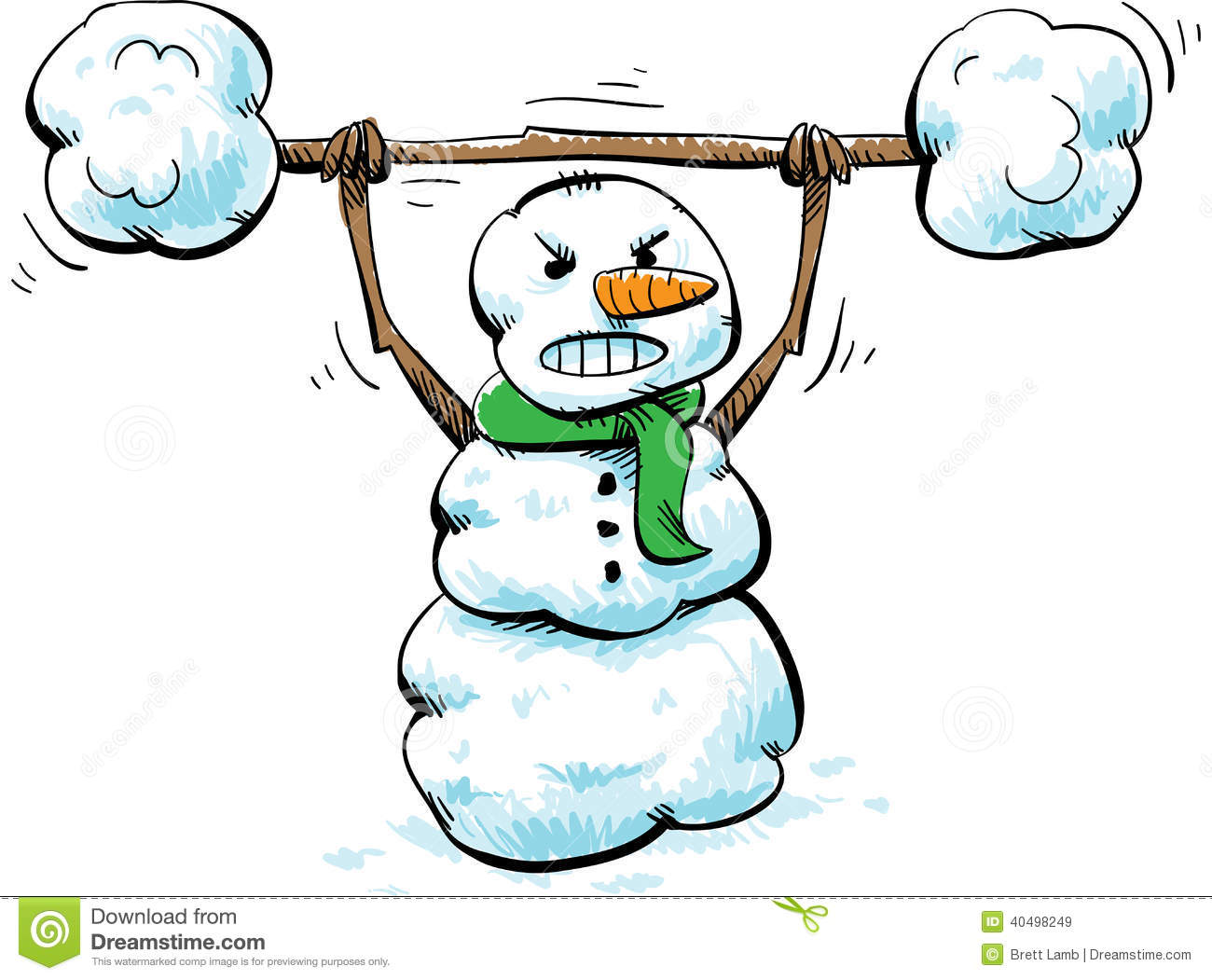 Strong Cartoon Snowman Working Out With Snow Weights
