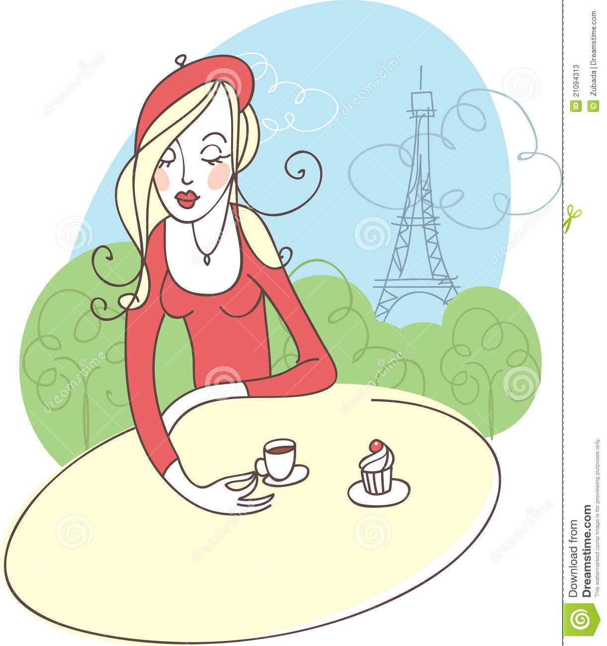 Young Lady Sitting In Cafe With Cup Of Coffee In Paris