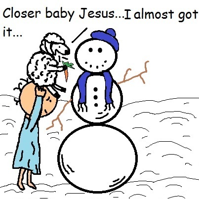 Baby Jesus And His Sheep Building A Snowman Clipart