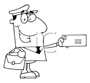 Black And White Cartoon Of A Mail Carrier Delivering Mail   Royalty