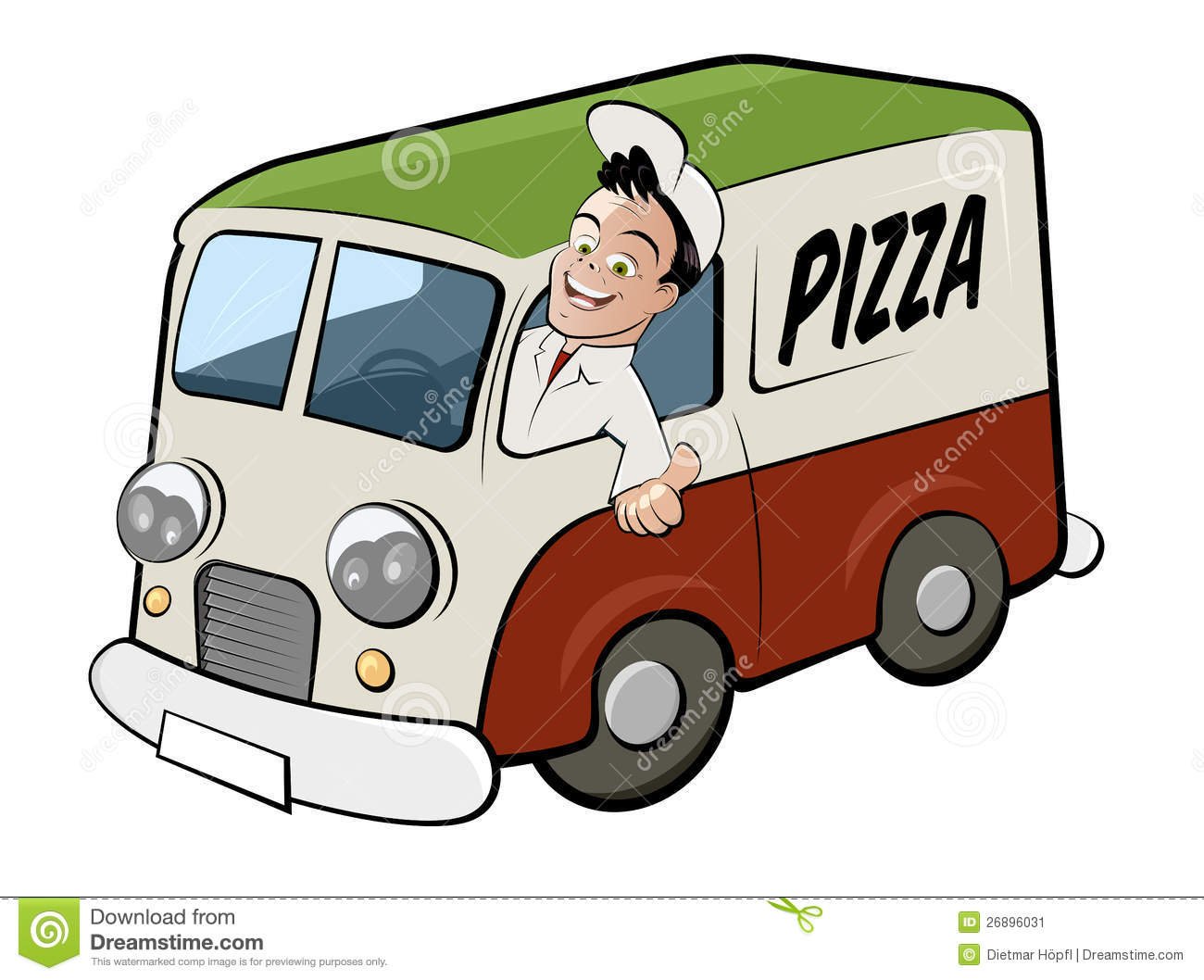Cartoon Illustration Of Pizza Delivery Driver In Van With Colors Of