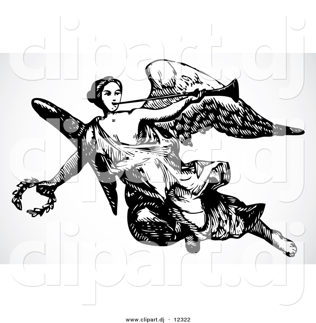Clipart Of An Angel Flying With Trumpet And Laurel   Black And White    