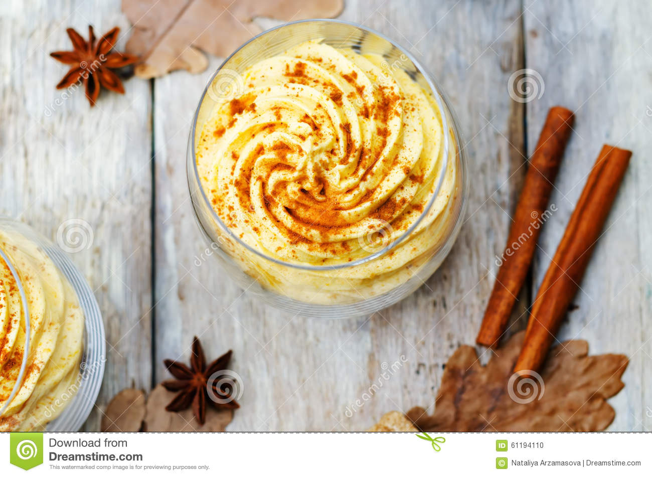 Pumpkin Spice Cheesecake Mousse On A White Wood Background  Toning    