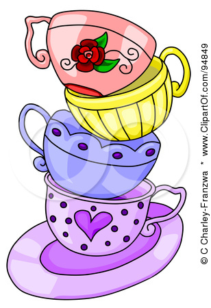 Clipart Illustration Of A Messy Stack Of Colorful Tea Cups On A Purple