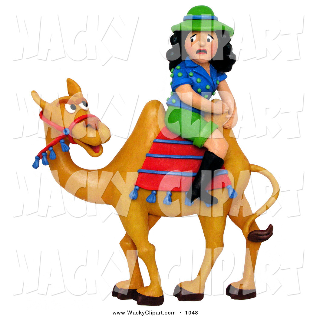 Clipart Of A 3d Scared Tourist Woman Sitting Backwards On A Camel On