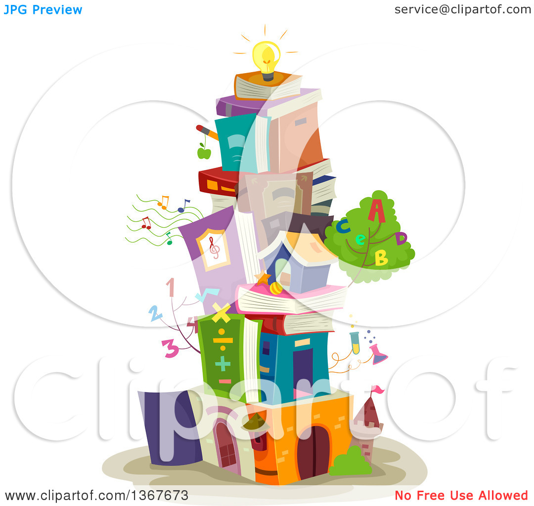 Clipart Of A Building Made Of Stacked Books Educational Items And A    