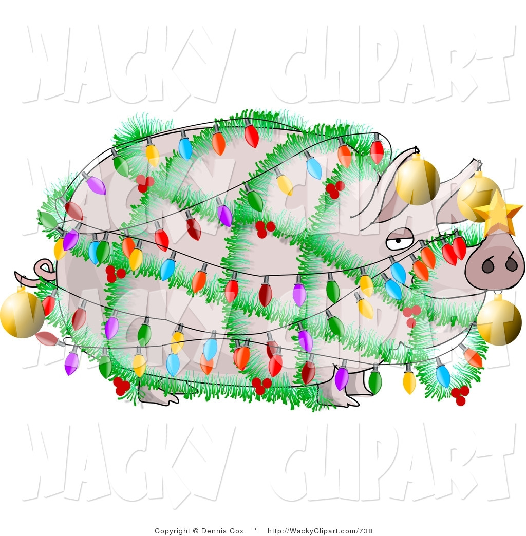 Clipart Of A Lazy Pig Decorated With Christmas Lights And Ornaments    