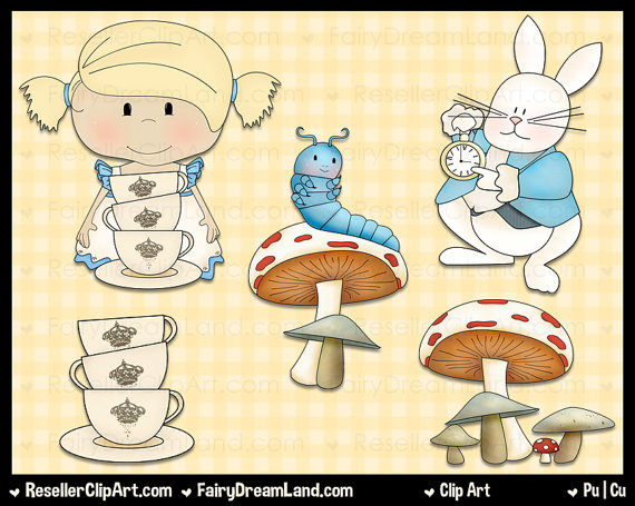     Clipart Set   Instant Download   Tea Cups White Rabbit Caterpillar