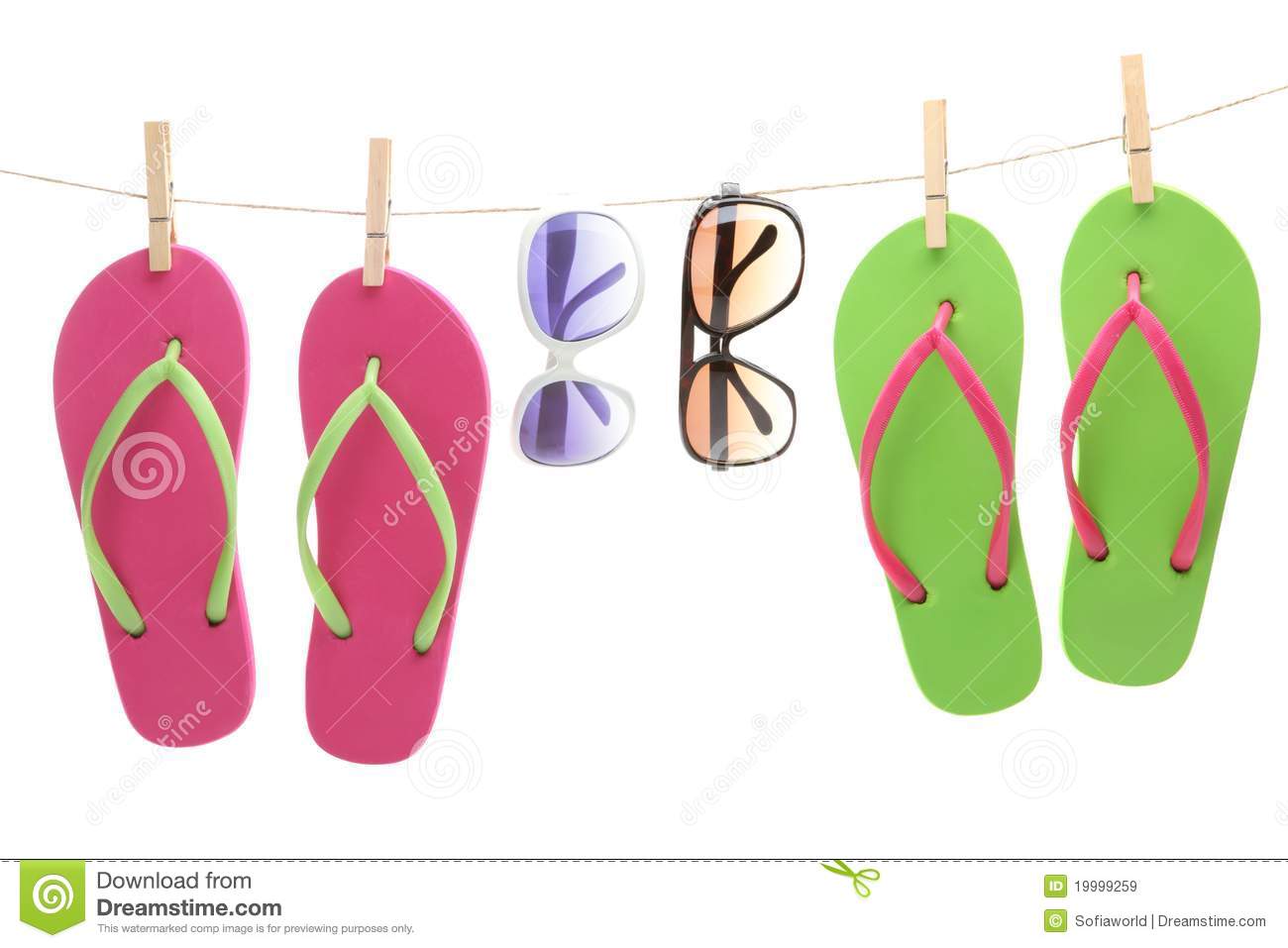Flip Flop Sandles And Sunglasses Hanging By Clips Royalty Free Stock