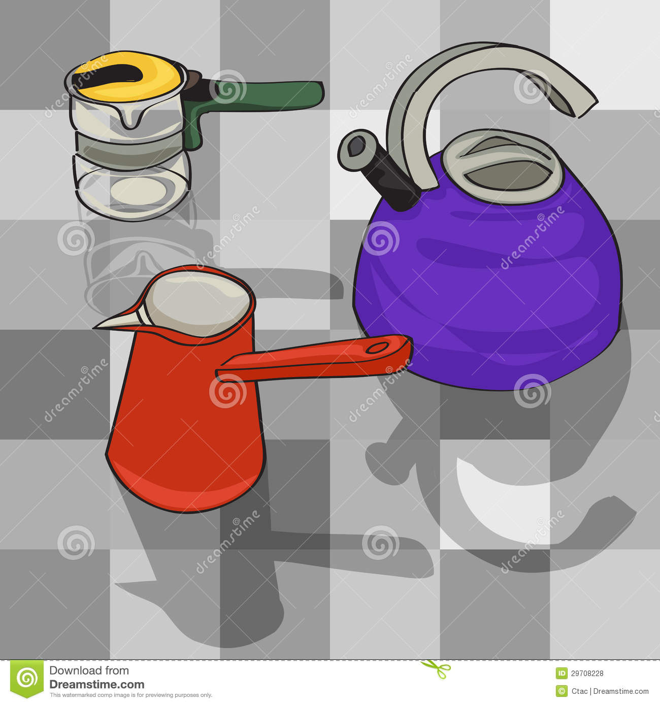 Hand Drawn Illustration Of A Collection Of Kitchen Kettles Group Of