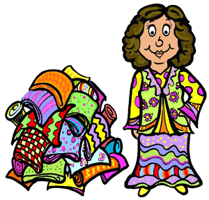 Version Of Wacky Dressed Lady Standing Beside Pile Of Fabrics Clipart