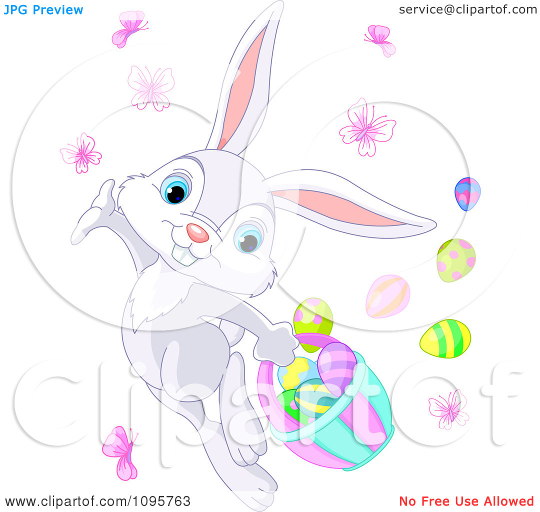 Clipart Cute Gray Easter Bunny Dancing With Butterflies And Eggs