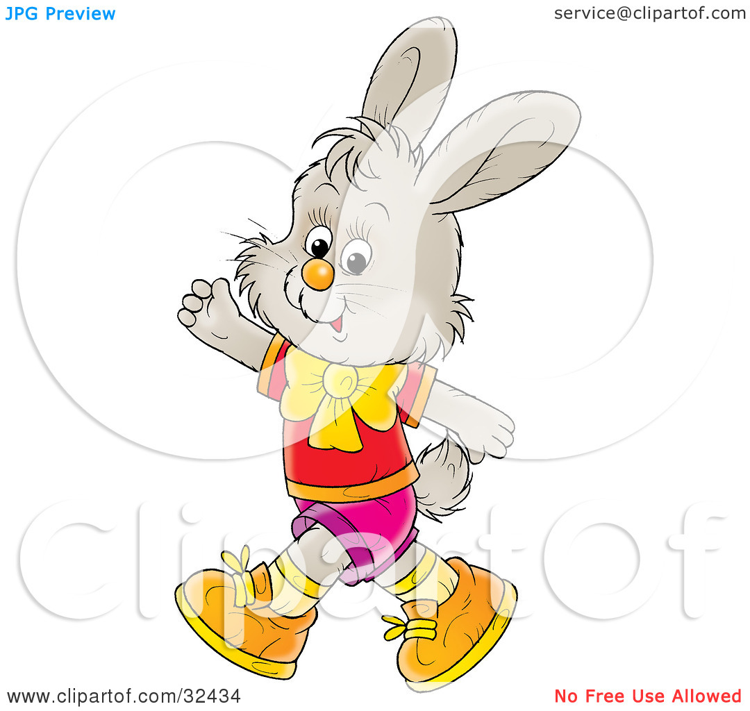 Clipart Illustration Of A Friendly Gray Bunny In Clothes Walking On